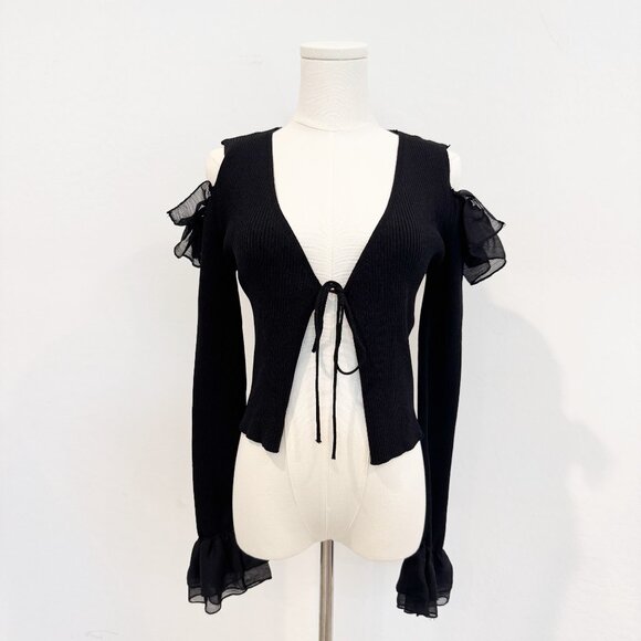 NWT Zara Tie Front Ruffle Ribbed Knit Cardigan Top in Black Witchy Size Small - Picture 3 of 11